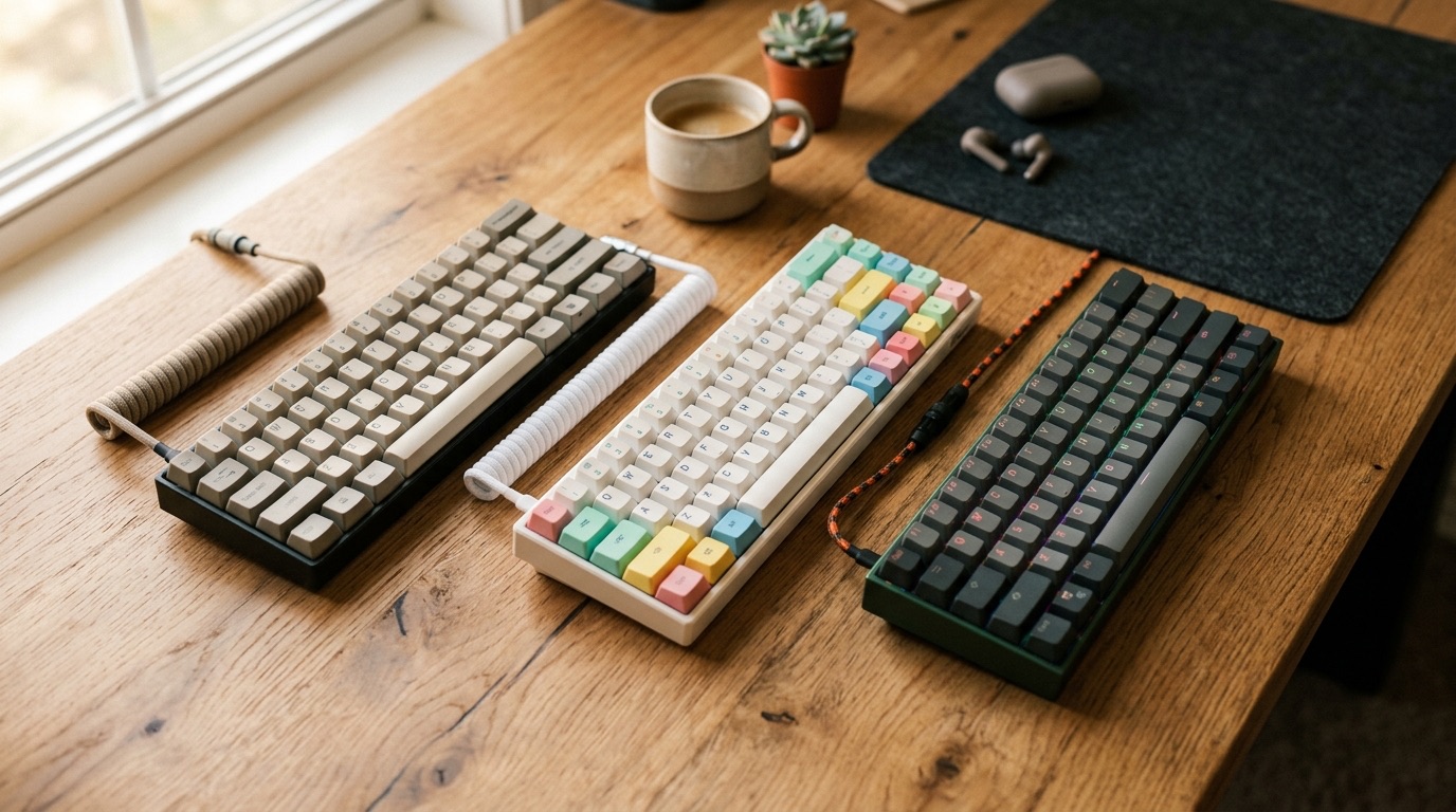 Three compact mechanical keyboards arranged on a wooden desk