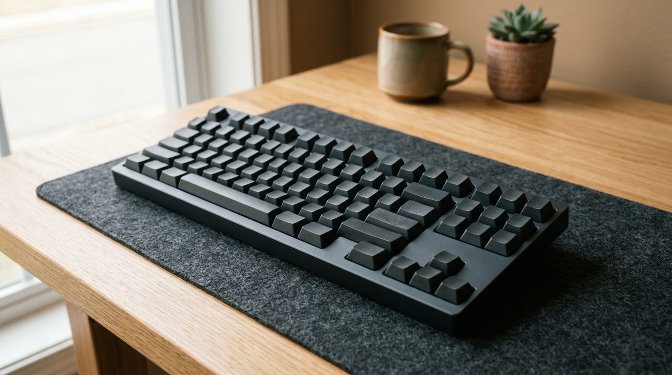 Tenkeyless mechanical keyboard with blank dark keycaps on a grey felt mat, with empty desk space to its right where a number pad would sit