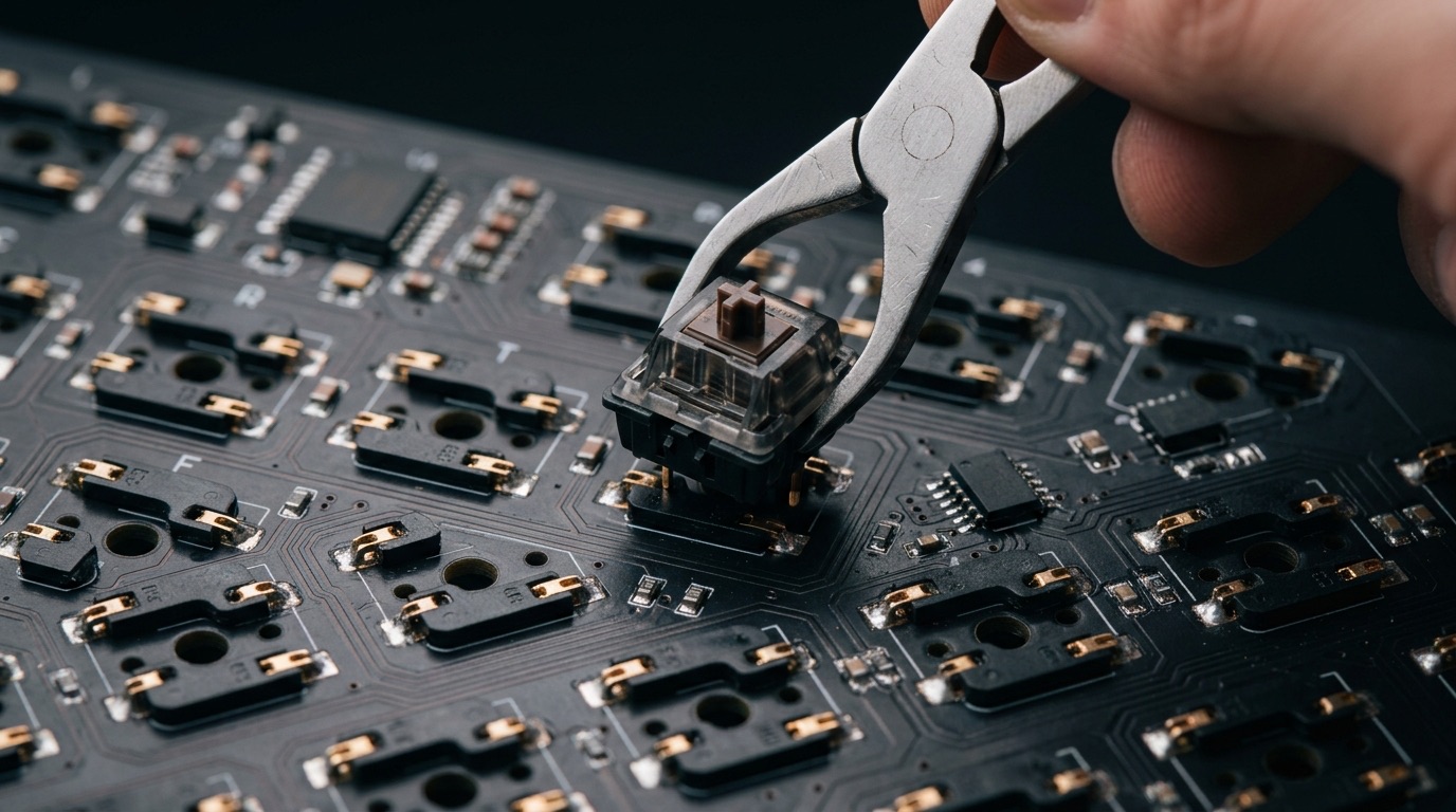 A switch being inserted with a switch puller into a hot-swap socket on a keyboard PCB