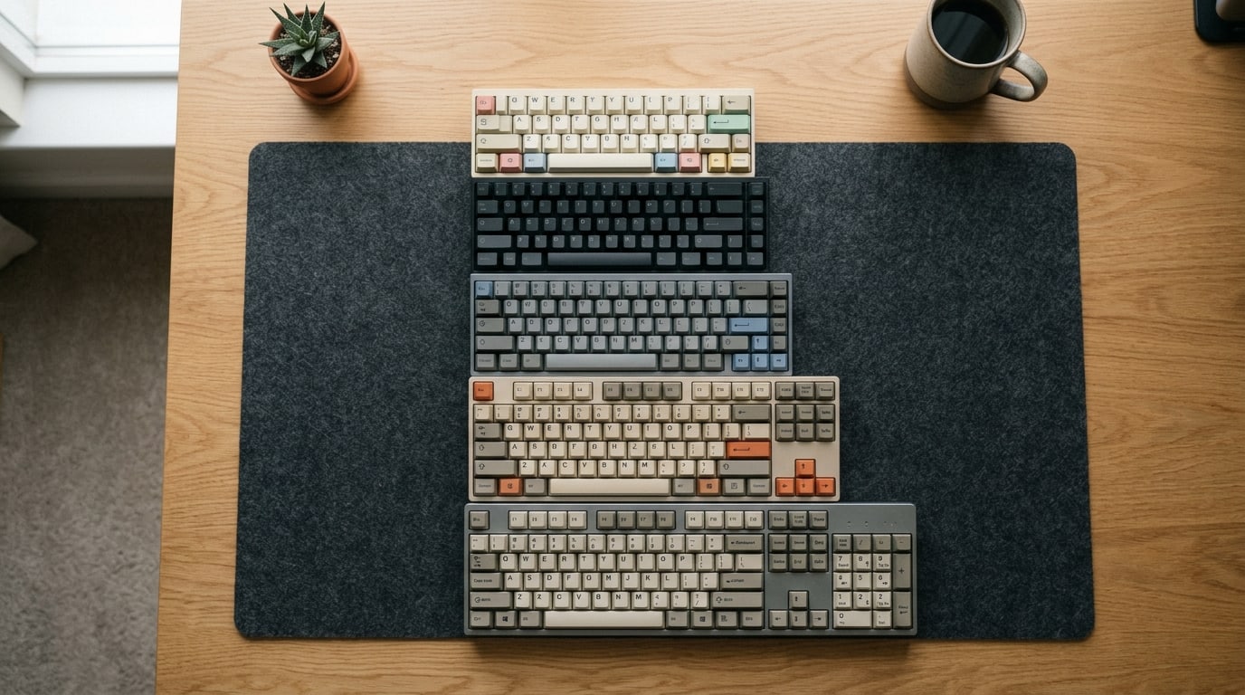Five mechanical keyboards seen from above on a dark felt desk mat, stacked smallest to largest so each one is visibly wider than the one above it