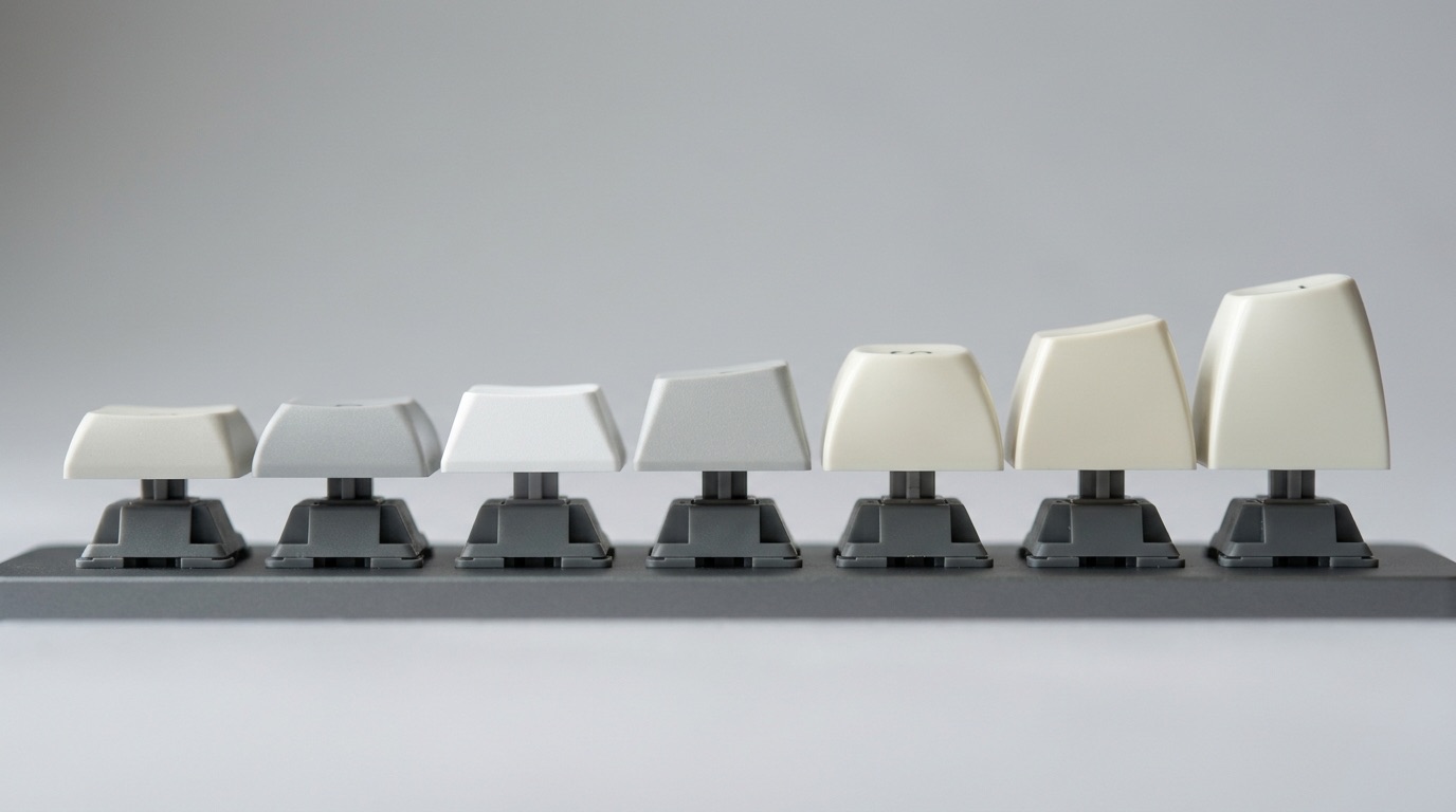 Seven mechanical keyboard keycaps arranged in a row showing different profile heights