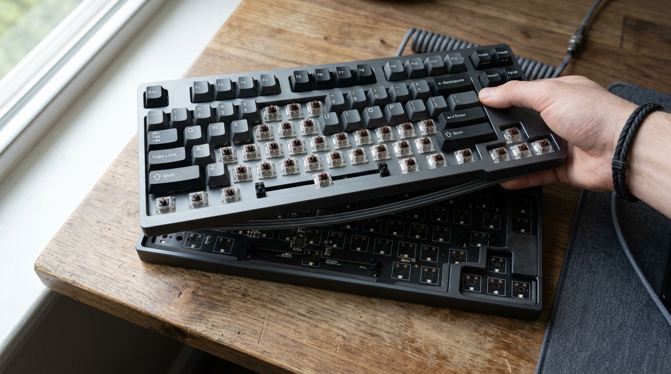 Partially disassembled mechanical keyboard showing the plate lifted off the PCB and gasket strips