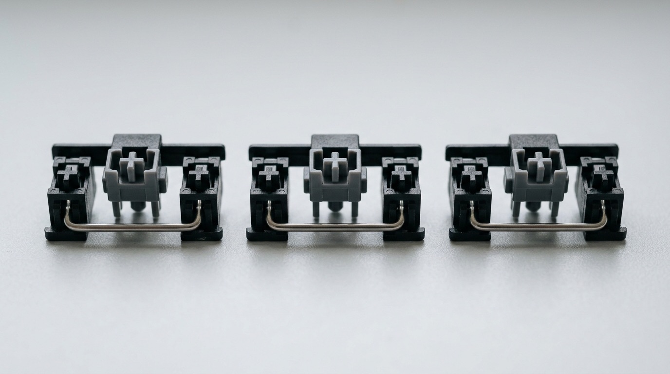 Three mechanical keyboard stabilizers laid out side by side