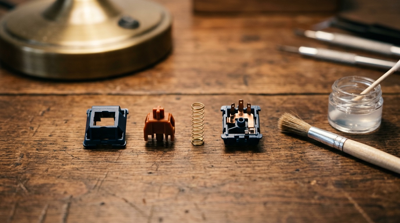 A disassembled mechanical keyboard switch on a workbench with a small detail brush and a tub of grease