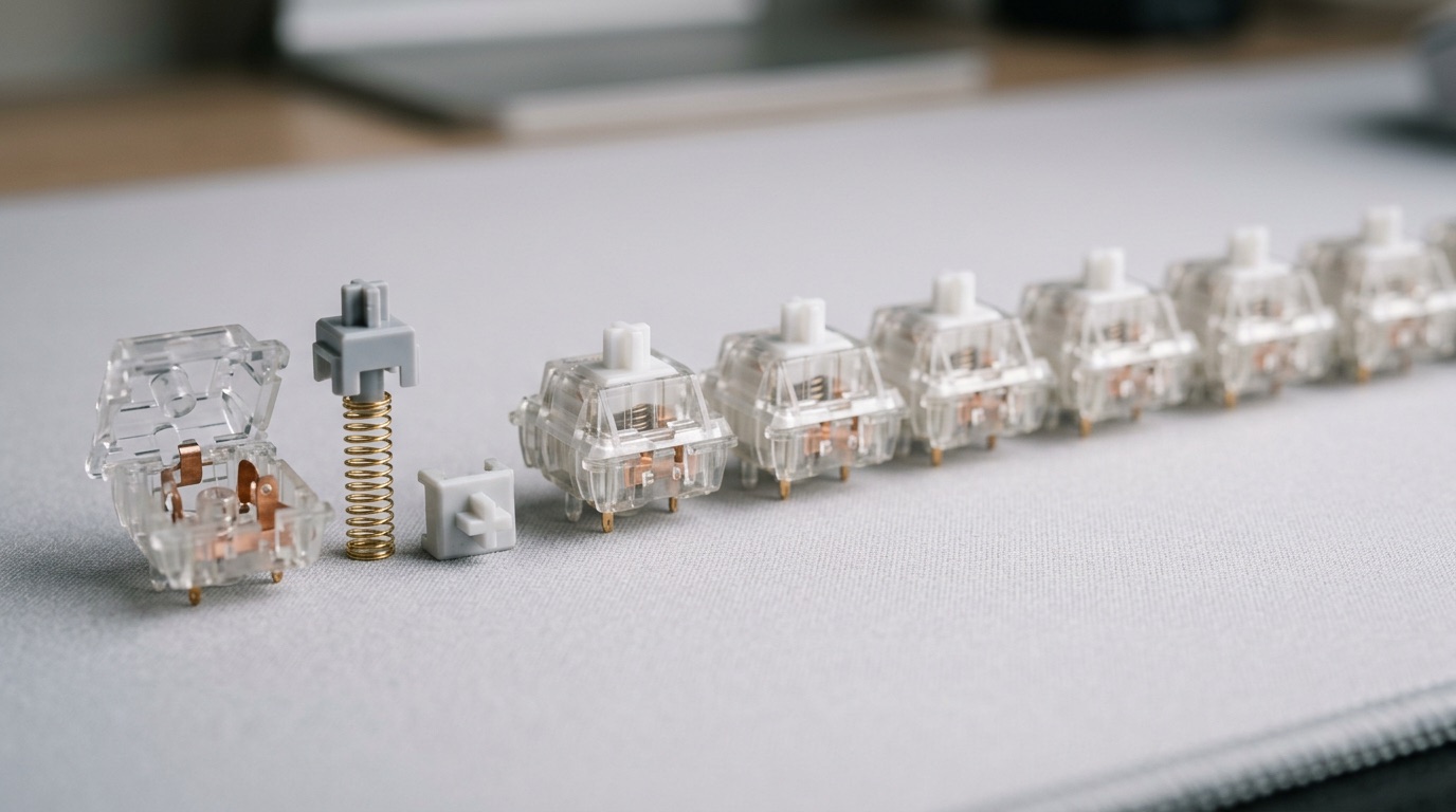 Macro photograph of mechanical keyboard switches in a row, one disassembled to expose its spring and stem